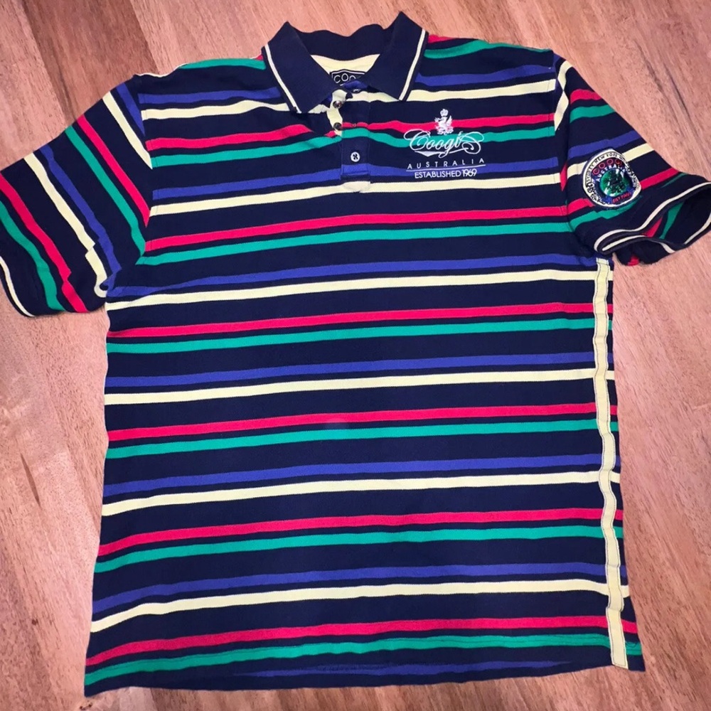 Coogi Australia Striped Polo XL Embroidered Logo Vintage Rugby‎ Blue Yellow Red